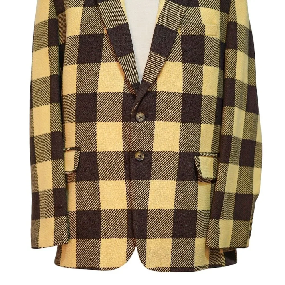 Mens Wool Sport Coat 44R Beige Brown Buffalo Plaid Blazer 2 Button Heritage